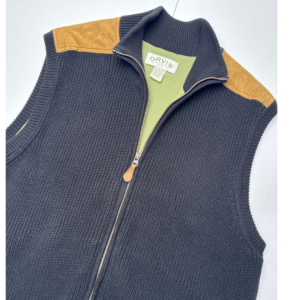 Orvis Mens Navy Cotton Shaker Knit Full Zip Sweater Vest Suede Trim Large